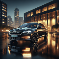 Ultra-detailed cinematic shot of a sleek black Škoda Slavia sedan parked on a reflective surface in front of a modern luxury hotel at twilight. Glossy obsidian paint with perfect reflections of golden ambient lighting and city skyline. Aggressive low-angle perspective emphasizing the bold grille, sharp LED matrix headlights with glow effect, and elegant 18