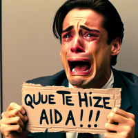 generate a photorealistic image wearing a suit, crying and begging with a message 