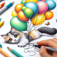 create a cat sketch which plays with baloons
