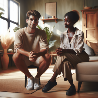 Create an image of 25 year old white man and a 25 year old black woman in a room. The woman is standing, the man is sitting down on the ground. Landscape wide shot