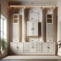 i need three decoration columns like this picture in the middle and one cabinet on the left side like right one and top cabinets should be 6 inches less depth than below cupboard