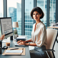 A female office worker with short length dark hair