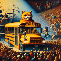 Garfield driving a school bus in a rock concert, Painting by Leonardo Da Vinci