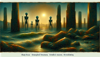 ancient alien ruins by the seaside, some of them partially flooded, alien statues against the sunset, some algae here and there; by gerald brom, by the artist edmund dulac, mixed technique of water color, oil ; sharp focus, entangled, hyperdetailed, romantic overtones.
