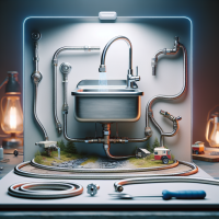 generate a photo of a camper sink with upgraded valve and stainless steel braided lines