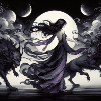 A goddess in a black and purple flowing dress, black flowing hair & she’s walking away from the viewer with a hellhound at each side. There are smoke tendrils trailing around and above her with the triple moon symbol faint in the distance in the sky. 
