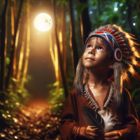 Un niño vestido como taíno en un bosque y mirando a la luna