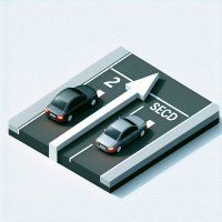two cars black and gray drive one after another with a small distance, between the cars an arrow in two directions and the inscription 