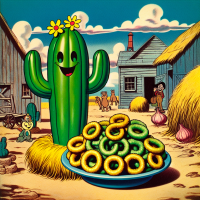A cactus sitting next to onion rings in a farm, 1960s Cartoon