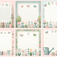 Create 5 unique A4-size printable stationery pages with the theme “garden”, using a soft pastel color palette.  Each page must include: ✅ Ruled horizontal lines for handwriting – clearly visible, soft gray or pastel tone ✅ A clean writing area in the center of the page ✅ Colorful garden illustrations around the borders (top, bottom, sides or corners), such as: – flowers – butterflies – herbs – watering cans – garden fences – birds – trees ✅ A gentle, cozy, cute style, as if designed by a loving grandmother ✅ Use a hand-drawn or watercolor look – avoid AI blur, hard edges, or modern/futuristic styles ✅ The overall look should be bright, joyful, and welcoming, perfect for children or nostalgic adults ✅ Make sure it’s printable and clear on an A4 page, portrait orientation ✅ Avoid cluttering the center area – prioritize writing space  On the bottom of each page, include this small text clearly and gently:  @vomindica | https://ko-fi.com/vomindica  Design inspiration: cottagecore, vintage garden, grandma’s notebook, childhood memories