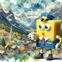 SpongeBob SquarePants dressed as a mailman drinking a cup of coffee in a mountainside scene, watercolors by 5 year old