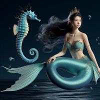 une belle femme à la peau claire, semblant avoir entre la fin de l'adolescence et le début de la vingtaine, est représentée sous les traits d'une sirène. Elle est assise à mi-cuisse sur un hippocampe bleu, qui constitue également le point central de l'image. La sirène a de longs cheveux noir et flottants, une queue de sirène bleu sarcelle clair rehaussée d'or et un corset assorti. Une couronne dorée surmonte sa tête. Son expression est sereine et pensive, et elle regarde légèrement vers la droite. Son corps est élancé et gracieux. L'hippocampe est entièrement bleu, orné d'écailles, et sa queue est en spirale. l'hippocampe, illuminant la scène par le haut et légèrement vers la gauche. Le style est photoréaliste et dégage une atmosphère magique et fantastique, rappelant les figurines sculptées. La composition, vue de trois quarts, met en valeur l'interaction de la sirène avec l'hippocampe. La perspective, légèrement au-dessus du sujet, offre une vue sur l'environnement sous-marin. L'atmosphère est paisible et surnaturelle . sans arriere plan le style de sirene et l'hippocampe tattoo en couleur