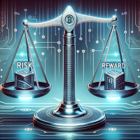 A digital balance scale, with 'RISK' on one side heavily weighing down, and 'REWARD' on the lighter side. In the background, a subtle, abstract blockchain pattern. The overall mood should be cautious but informative, with a clean, modern infographic style.