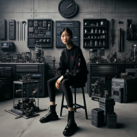 Young Asian woman, early twenties, seated in a cluttered, futuristic workshop.  Sharp, minimalist black,  leggings, and combat boots.  Dark, fitted, black sweatshirt with  visible red logo.  Neutral expression, observant, thoughtful.  Sitting on a simple black stool in a cluttered workshop.  Interior, dimly lit, high-tech workshop, filled with various  tools, machinery, and containers.  Grey, concrete, and metallic materials, muted palette.  Walls are dark grey, covered with various technical equipment and displays,  organized in a structured, efficient manner.   Clock on wall is prominent.   Vintage and modern objects coexist, detailed, precise lines.  Full-body, eye-level shot, emphasizing the detailed environment. Realistic, semi-detailed art style,  realistic details to the character.  Still life elements are visible, from vintage equipment to bottles, tanks and cans.  The lighting is focused on the woman, spotlighting her, creating a subtle contrast with the darker background.  The composition is well-balanced, with the woman centered, and the surrounding workshop elements radiating out in a circular manner. A sense of intrigue and mystery fills the atmosphere.  Cyberpunk aesthetic,  detailed perspective,  realistic portrayal of space and equipment.