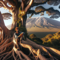 Sitting on a large tree besides Kilimanjaro hill
