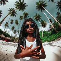 an afro girl, age: 10, the blackest skin as you can make, black long dreadlocks, white singlet, cool black glasses, rapper pose, a beach with palms on a background, realistic, 4k, fish eye effect, 360 camera effect