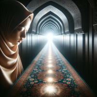A long prayer mat stretched out and at the end there was a light. A girl wearing a hijab looked at the light.
