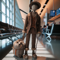 Create a high-resolution, ultra-realistic photograph of sackboy from littlebigplanet in the airport terminal waiting to board his alaska airlines flight. on his shoulder, he is carrying a hobo sack on a stick.   Lighting should be hard-edged but natural. The brown thread of his 