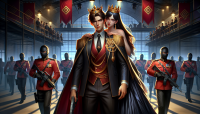 A semi-realistic digital painting in a cinematic 16:9 ratio.  The image shows a heroic young king, standing tall and confident. He is wearing a royal outfit with a flowing cape on his back and a golden crown on his head. His face is fully visible, handsome and determined, with no hood and no glowing eyes. In one hand, he holds a modern gun (like a pistol or rifle) — showing that he’s both a traditional king and a modern protector. His body language reflects strength, leadership, and protection.  In front of the king, a beautiful queen is hugging him tightly. She appears emotional and slightly scared, seeking comfort and safety. Her face is cute, her expression filled with fear and trust. She has long black and brown mixed hair, and wears a royal short gown. Her upper bare back (from shoulders to waist) is visible in an elegant way — like a backless red-carpet dress, classy and not vulgar. Her body is healthy and graceful — not too slim, not overweight. A small crown sits on her head.  In the background, several Squid Game-style red-suited soldiers stand firmly. They wear black masks with triangle or square symbols and hold AK-47 guns. They look like a powerful army under the King’s command. The setting is a dark industrial hall, inspired by the Squid Game universe, with dramatic lighting and shadows.  The entire artwork should be cinematic, realistic, powerful, and emotional. There should be no text or caption anywhere in the image.  🔒 Prompt 100% policy-friendly 💥 Vibe 100% heroic + emotional