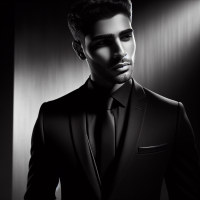 A high-resolution, black-and-white portrait of a young man same as uploaded image wearing a sharp black suit and black shirt with a tie. He stands confidently in a minimal studio setting, facing slightly to the side. Dramatic studio lighting casts bold geometric shadows across his face and background, with a strong diagonal beam of light cutting through darkness. His expression is calm, introspective, and slightly distant. The image has a high-fashion, cinematic noir tone, with high contrast and fine detail on the face and suit texture. Soft bokeh background, vertical frame (9:16), 8K resolution.