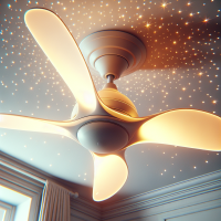 A close-up of a modern ceiling fan with three blades, animated in Pixar-Disney style, glowing softly under a cozy room light, clean white background with sparkles, whimsical tone