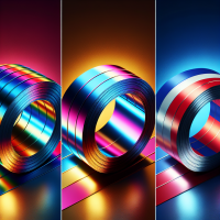 A steel coil with rainbow color in crosswise of the coil and unrolled status. A steel coil with the colors of Thailand’s flag in vertical direction. A steel coil with the colors of Thailand’s flag in horizontal direction. 