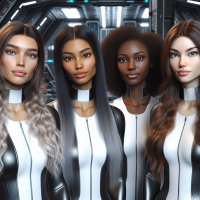 Four young woman, one Caucasian, one Latin, one African and one Asian. They look directly at viewer. Standing in a hanger of a futuristic space ship. All have long hair that flows over their shoulders to in front. All wear the same tight fitting spacesuit.