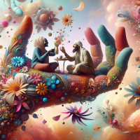 Create a surreal artwork featuring a giant hand that is intricately shaped and composed of vibrant, blooming flowers.Within the palm of this floral hand, depict two people sitting comfortably, engaged in a joyful tea-drinking moment.Ensure their expressions convey laughter and happiness, capturing a sense of warmth and camaraderie.The background should be dreamlike, with soft, ethereal colors and abstract elements that enhance the surrealism of the scene.Incorporate whimsical details like floating petals and subtle hints of a fantastical landscape to enrich the artwork's imaginative quality.