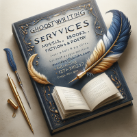 Create an elegant advert image for MZEI Publishers featuring the text: 'Ghostwriting Services – Novels, eBooks, Short Stories, Fiction & Poetry.' Include visual elements like a feather quill, an open book, and soft background textures. Use a blue and gold color scheme, reflecting professionalism and creativity. The design should be clean, minimalist, and suitable for social media or website banners. Contact: mzeipublishers@gmail.com 