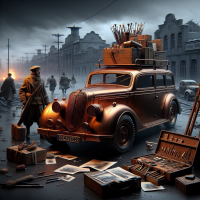 A copper Audi B3 Quattro Turbo Diesel in the dark setting of 1940s Germany. A custom body with a patina, polished copper panels and tactical modifications: reinforced arches, a radiator grille in the style of military trucks, darkened headlights. On the roof are wooden cargo boxes with Austrian art supplies (brushes, easels, rolled up canvases).  Next to the car is an Austrian expressionist artist in a shabby suit and a beret, holding a palette. His face is tense, his eyes are a mixture of creative fire and anxiety. In the back seat is a half-closed suitcase with sketches, some of them flying in the wind.  The background: a destroyed industrial quarter somewhere in the border zone - brick buildings with broken windows, a blurred border between Germany and Austria. The sky is leaden grey, smoke from fires in the distance. Shadows of refugees move along the road.  Style: hyperrealism with influences from German expressionism (harsh shadows, distorted perspective, disturbing color accents). The copper of the Audi contrasts with the dull devastation, creating a surreal image of a 'car-art object' in the hell of history.