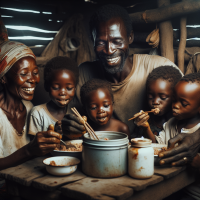 a dirty black african man eating with his wifew and children in their small hut 16:9