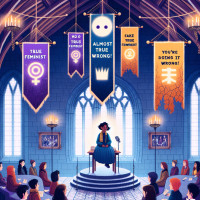 A whimsical digital anime-style illustration inspired by Hogwarts’ Sorting Hat scene, set in a magical Scottish castle hall with gothic arches and candlelight. A young woman sits on a stool in fststylizedcrowd, the Sorting Hat (with eyes and mouth) on her head. The hat shouts: “NO TRUE FEMINIST!” in a white speech bubble. Behind her, four house banners hang from the ceiling, each with a name: – “True Feminist” (purple banner, radiant) – “Almost True Feminist” (blue banner, uncertain glow) – “You’re Doing It Wrong” (orange banner, cracked edges) – “Fake-minist” (black banner, torn)  The girl looks conflicted or exasperated, caught between identities. The mood is ironic, satirical, and magical, mixing fantasy with political metaphor. Style: anime-inspired, vibrant, stylized lighting, lots of small details (badges, slogans, magical aura around the hat).