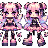 Create a detailed, cute, and expressive pixel art sticker (transparent background) of a Pastel fairy with sparkly wings and platform sneakers The character should have clear, bold outlines and vibrant colors, in a chibi or mini style, sized for sticker use (no larger than 512x512 pixels).  Make sure the design highlights unique fashion, accessories, or personality traits associated with the goth subculture (e.g., black clothing, layered jewelry, choker, piercings, dramatic makeup).  Use a clean, finished look—no backgrounds, just the character, and keep it fun, quirky, and highly shareable.  Style reference: Match the style and proportions to the provided example image (pixel art with bold lines, expressive face, simplified but recognizable features). - Generate