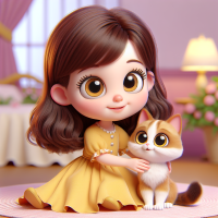 قناة لطيفة بعيون واسعة وشعر بني وفستان أصفر تلعب مع قطة ،رسم كرتوني ثلاثي الأبعاد سينمائي