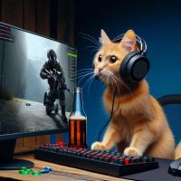 Voici une image assez amusante ! On y voit un chat roux qui a l'air de prendre sa session de jeu très au sérieux. Il est équipé d'un casque audio et tient une bouteille de Coca-Cola, prêt à passer une longue nuit devant son ordinateur. À l'arrière-plan, on dirait bien qu'il joue à Counter-Strike.  C'est un vrai gamer !