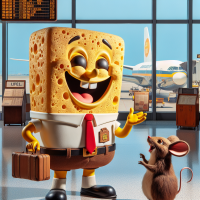 SpongeBob SquarePants talking to a mouse in an airport, 1960s Cartoon