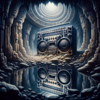 A boombox reflecting the surroundings in a cave, Painting by H.R. Giger, Closeup