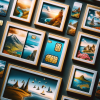 9 travel destination backgrounds put in 9 same size frames with scattered eSIMs put aside the border of the picture