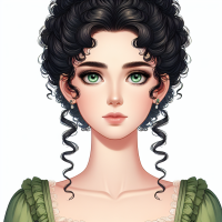 Create an image of young lady of the 19th century. With black curly hair styled in bouffants.  green pale and striking eyes. Fair magnolia-white skin.A pointed chin, square jaw, and a face that is a blend of delicate and strong features, thin eyebrows.  Fashionably small waist. In a green dress