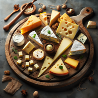 crear una imagen de una Tabla de quesos que contenga   Una tabla de madera rústica, pero elegante, como fondo. Variedad de quesos : queso fresco, queso panela, queso manchego y queso crema, cortados en diferentes formas (cubos, rodajas, triángulos).