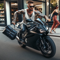 Elon Musk, tattooed, wearing sunglasses and a white tank top, rides a motorcycle down a street, snatches a purse from a woman, and continues riding.