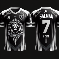 Make the back side of this shirt according to it's theme and color I am sharing with you Black and white mixture Also generate the lion logo and MAZHAR JAN C C On front and on the back SALMAN KHAN AND NUMBER 7 as a players name. Generate two images one for front and one for the back where name and number of players is mentioned
