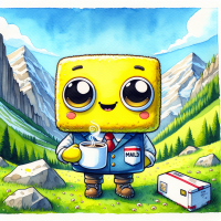 SpongeBob SquarePants dressed as a mailman drinking a cup of coffee in a mountainside scene, watercolors by 5 year old