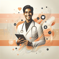 Prompt: “Create a bright, modern hero section for a healthcare communication agency. Show a confident, smiling healthcare professional (doctor or medical consultant) with a digital tablet, surrounded by subtle abstract shapes or digital waves in shades of orange, peach, black, and white. Add a soft gradient background with faint healthcare icons like heartbeats, speech bubbles, or data graphs integrated subtly. Style is premium, corporate, trustworthy, and welcoming. Include a large call-to-action button style in the design. Inspiration: sleek, light, clean — not cluttered.”