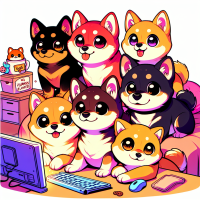 Description: A group of adorable Shiba Inus gathered around a computer screen, looking intensely at the monitor with excited and curious expressions.  Details to Include:  The Shibas:  Different poses: One sitting upright with ears perked, another tilting its head, one with paws on the desk, and maybe one in the back peeking over the others.  Expressive faces: Big round eyes, tiny eyebrows, and cute little smiles or tongues sticking out slightly.  Classic Shiba colors (red, black & tan, sesame, or cream).  The Computer:  A glowing monitor displaying something amusing—maybe a meme, a squirrel video, or even a 