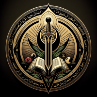 A circular emblem with a stylized, glowing Zulfiqar sword (double-pointed) standing vertically, symbolizing justice and Ahl al-Bayt. Behind it, an open Qur’an subtly shaped like a crescent, representing divine guidance and Islamic identity. Elegant Diwani or Kufi calligraphy reads تيار المهدي above and والثقلين below. A globe and rising sun icon balance each side, symbolizing the Mahdi’s universal mission and return. The palette uses black and gold for Shi’a resistance, green for hope, and red accents for martyrdom. The emblem combines spiritual, messianic, and militant symbolism in a bold, formal design.
