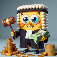 sponge bob as a judge with lots of moneyon his hands