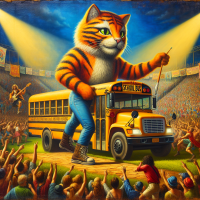 Garfield driving a school bus in a rock concert, Painting by Leonardo Da Vinci