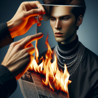 subject should wear a black shirt and layered silver chains for a bold, modern look. The expression should be serious and contemplative as the person looks down at the burning newspaper. The atmosphere should be intense and mysterious. Replace the face with the person from the uploaded photo, matching the lighting, skin tone, and perspective realistically. Keep the image high quality and photorealistic.