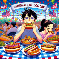 a very unique image for National Hot Dog Day, anime style